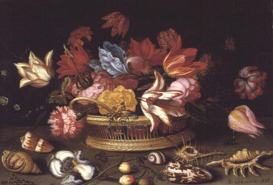 Balthasar van der Ast - A Basket of Flowers with Shells on a Ledge